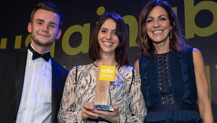edie's content editor Matt Mace and compere Julia Bradbury (right) present Toast Ale's COO Louisa Ziane with her award